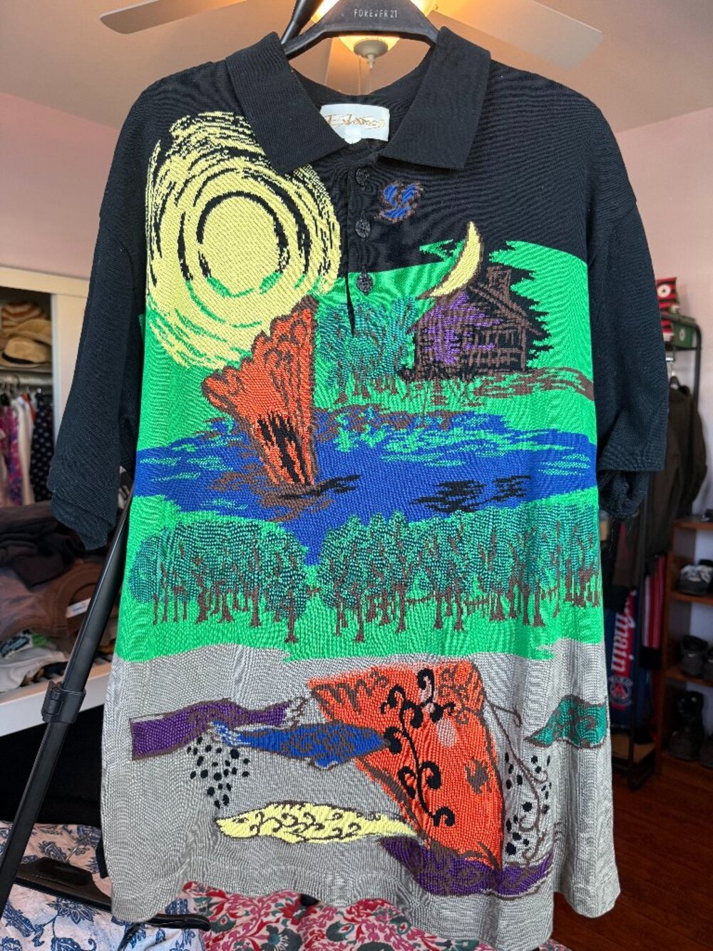 I.C. Isaacs Vintage Abstract Landscape Knit Polo Sweater Multicolor
